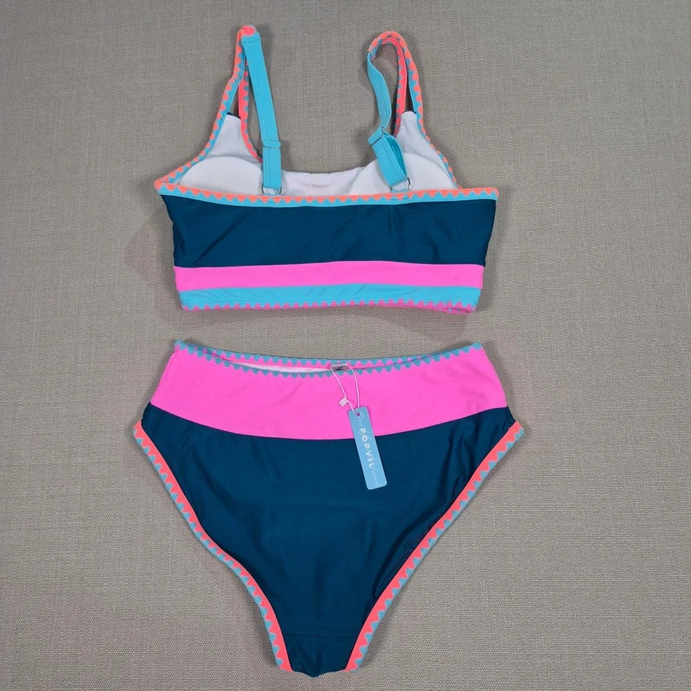 Popvil 3 Piece Swimsuit Set Teal Pink Colorblock Ric Rac Skirt Bikini Womens L